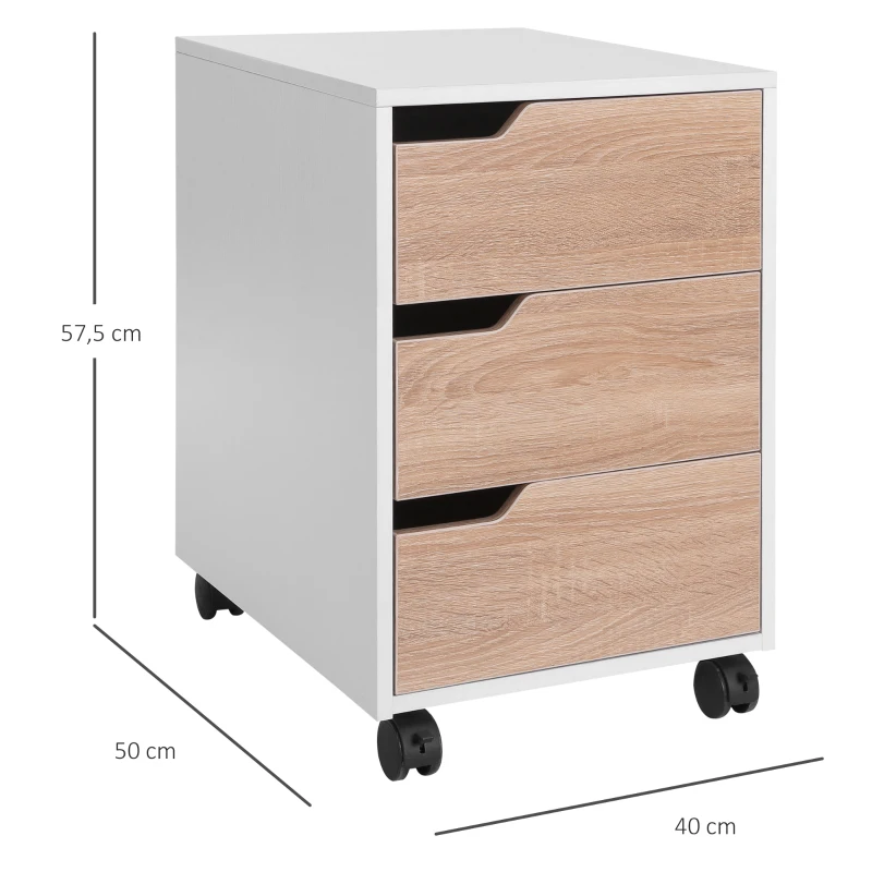 HOMCOM Cajonera de Oficina con Ruedas Mueble Archivador con 3 Cajones Cajonera para Escritorio Estudio 40x50x57,5 cm Roble y Blanco