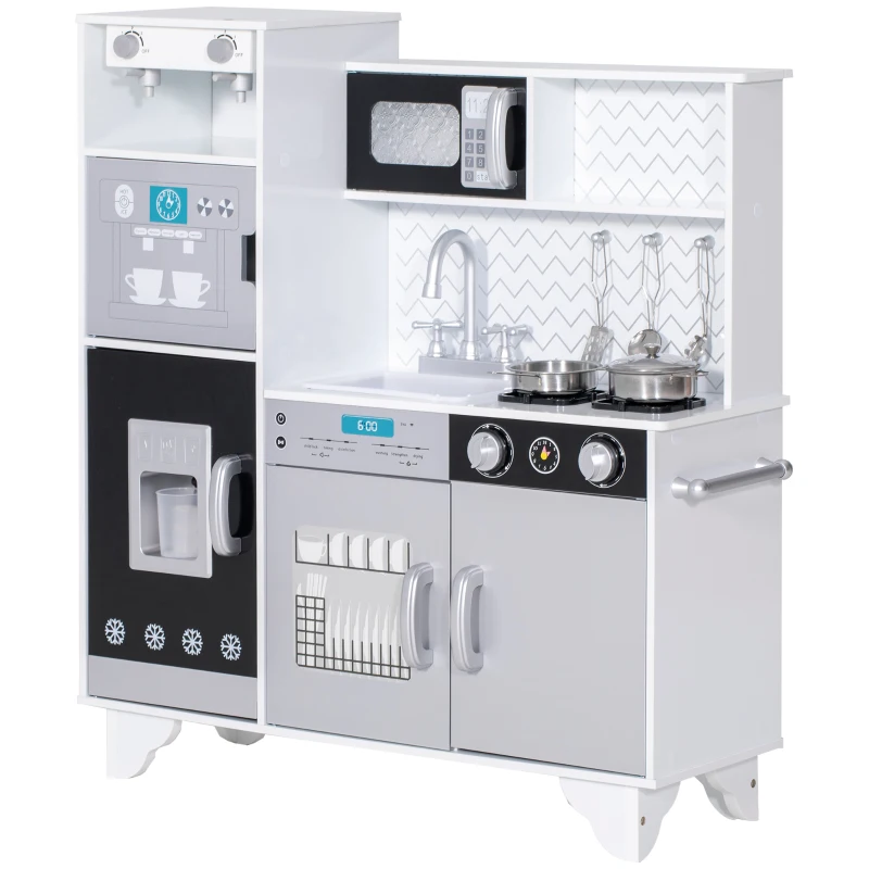 AIYAPLAY Cozinha de Madeira com Som Acessórios em Aço Inoxidável Micro-Ondas, Máquina de Gelo Cafeteira, Máquina de Lavar Loiça 79,5x24x83,8 cm Branco