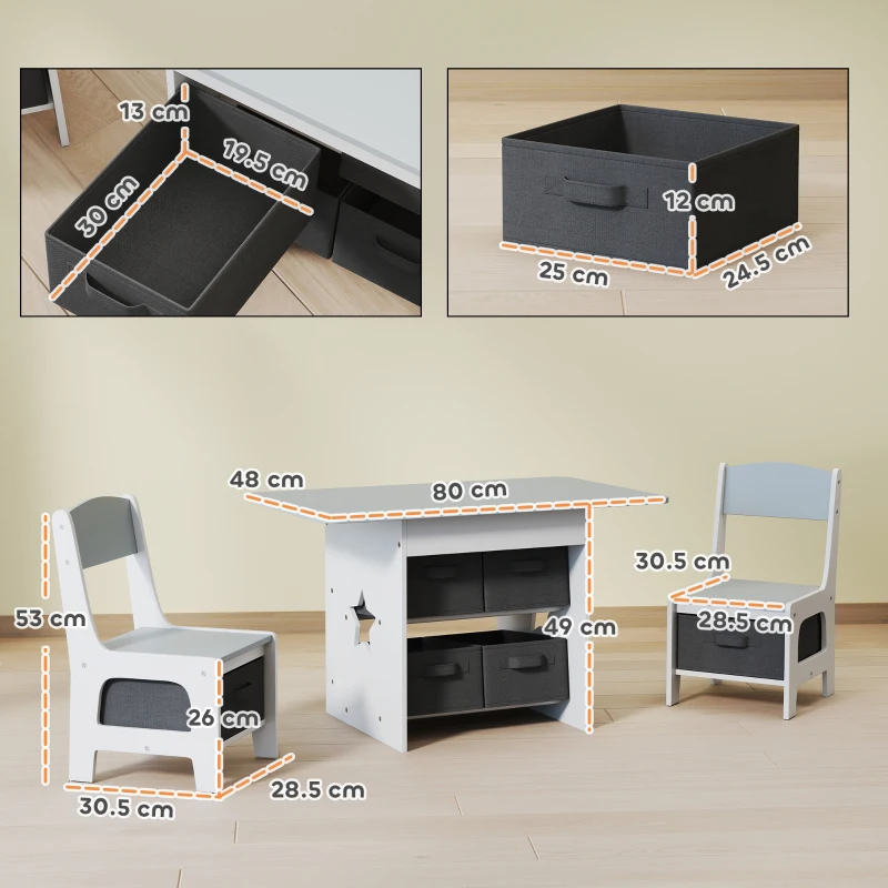 AIYAPLAY Kids table and 2 chairs set with 6 removable drawers, for boys & girls 3-8 years, gray