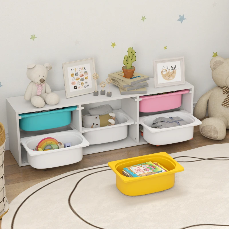 AIYAPLAY 2-Tier Kids Storage Unit, Toy Storage Shelf with 6 Removable Bins, 97x21x29cm, White