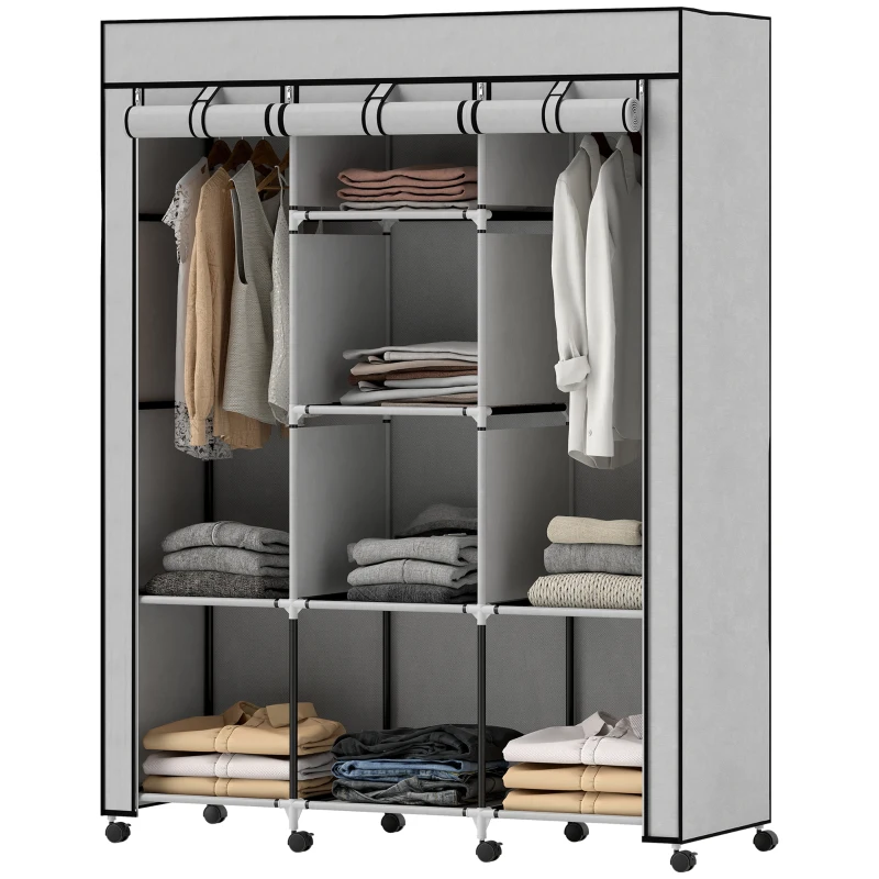 HOMCOM Armoire en tissu, solution de rangement, 8 étagères, 2 tringles, gris