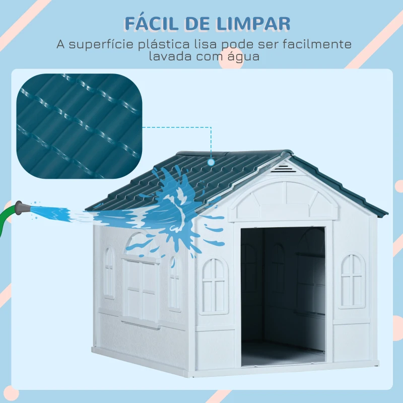 PawHut Casa para Cães 65x75,7x63 cm Casa para Cães com Janelas e Teto com Telhas de Imitação para Cães Médios Azul e Branco