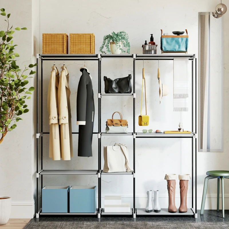 HOMCOM Armadio per Abiti Aperto con 8 Ripiani in Tessuto, Barre Appendiabiti e Struttura in Metallo, 182x43x185 cm, Grigio Chiaro