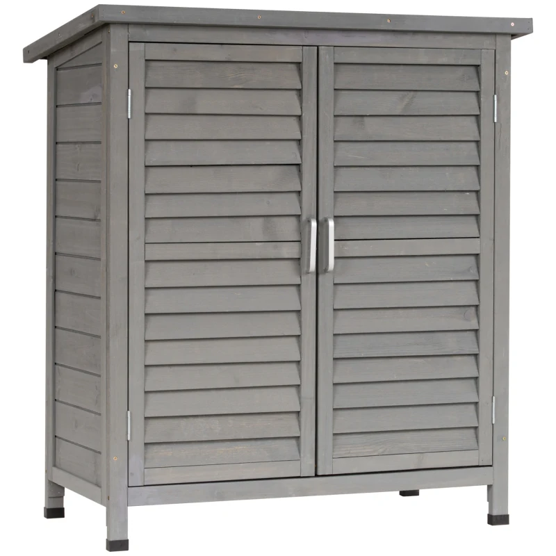 Outsunny Armario para Terraza de Madera con 2 Estantes Interiores 2 puertas y Techo Inclinado para Exterior Terreza 87x46,5x96,5 cm Gris