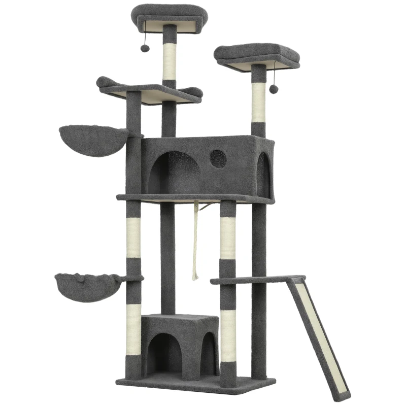 PawHut Arbre à chat tour de jeux pour chat avec griffoir 3 lits 2 niches plateformes et 3 jouets suspendus hauteur 174 cm gris