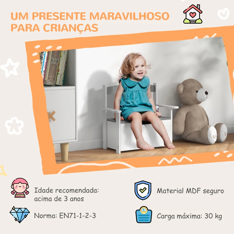AIYAPLAY Baú de Brinquedos Infantil Banco de Armazenamento para Crianças com Encosto e Tampa Amortecida 68,5x34x58 cm Cinza e Branco