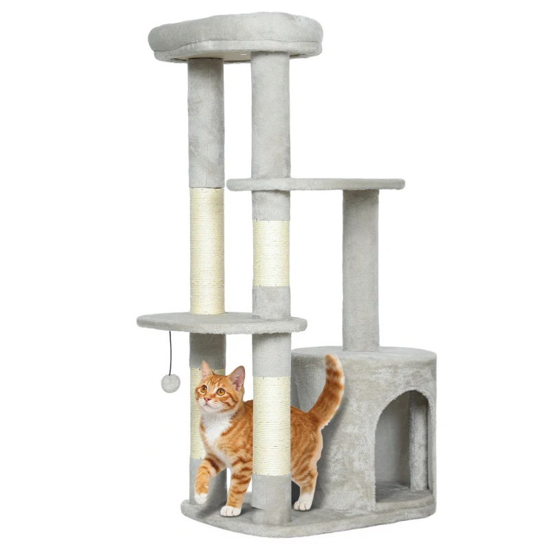 PawHut Arbre à chat 114 cm, tour avec cabane, poteaux en sisal, plateformes, multi-étages pour chats moyens jusqu'à 6 kg, Gris clair