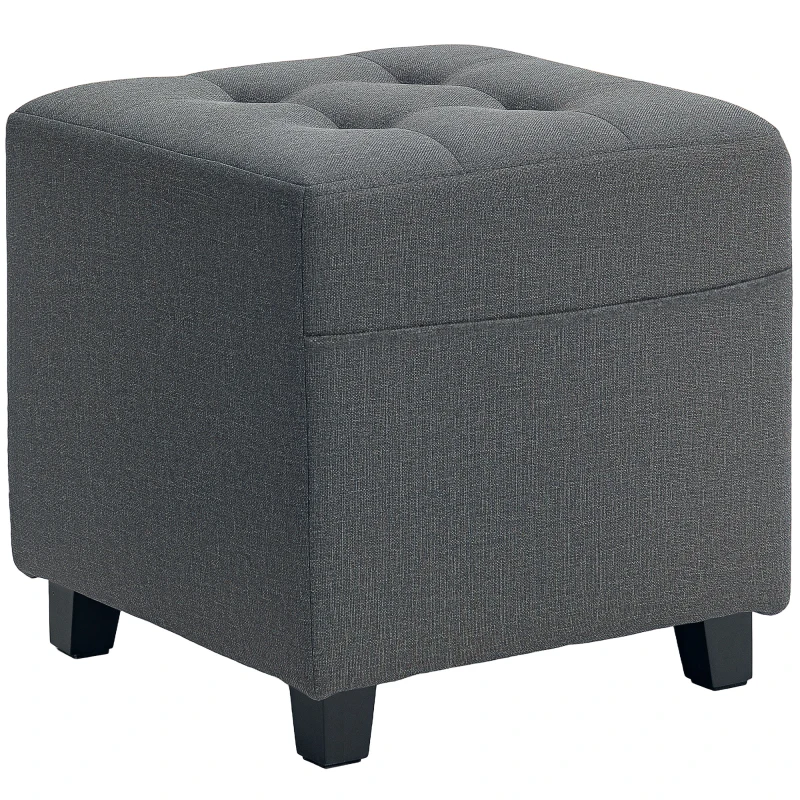 HOMCOM Apoio para os Pés Sala de Estar Banco Estofado em Linho com Bolso Lateral Tampa com Botões  35x35x35 cm Cinzento