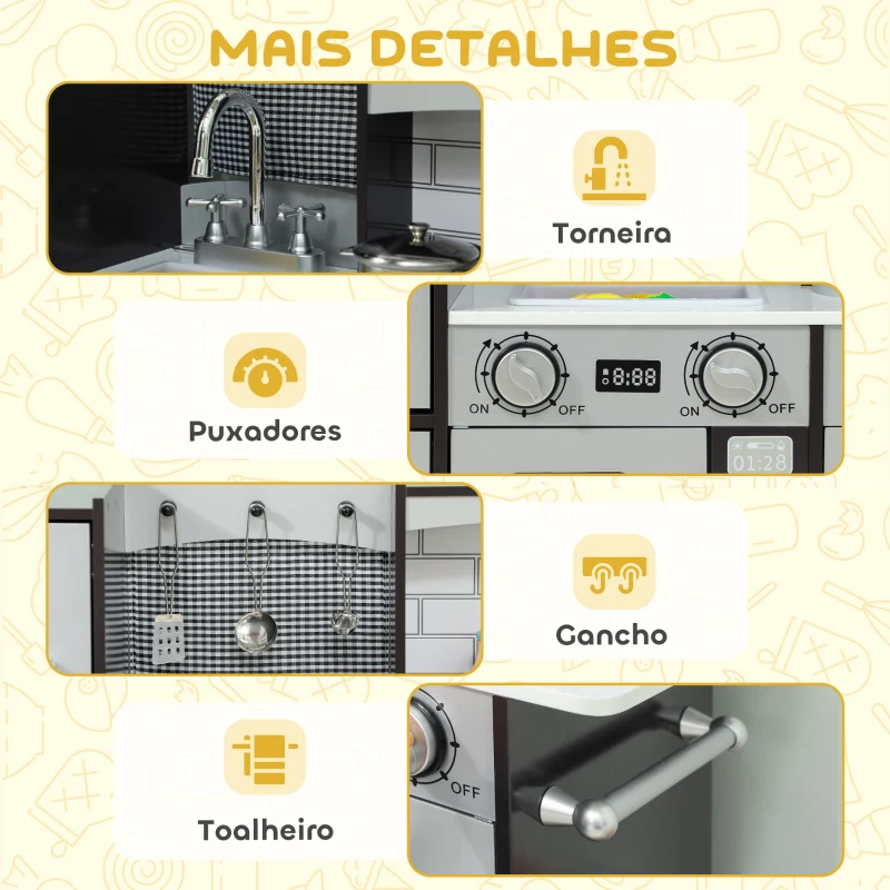 AIYAPLAY Cozinha de Madeira com Som Cozinha de Brincar Infantil com Acessórios em Aço Inoxidável Frigorífico Micro-Ondas, Lava-Loiça 81x27x79,7 cm Castanho Escuro