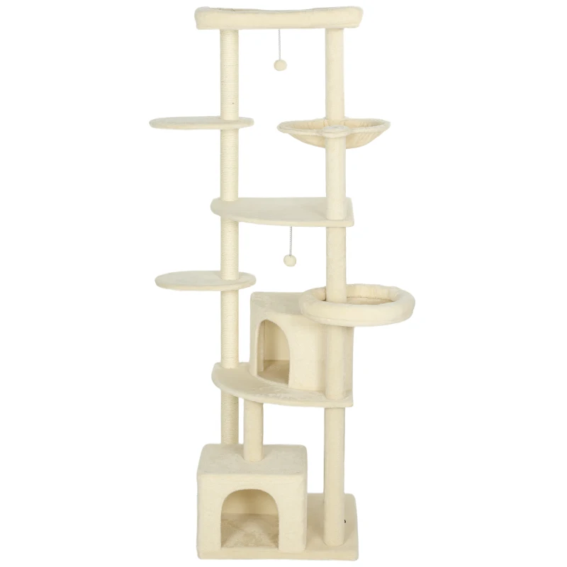 PawHut Arbre à Chat Haut 200 cm Multiniveaux avec 2 Maisons, 2 Couchages et Hamac, Structure pour 2-3 Chats, Beige