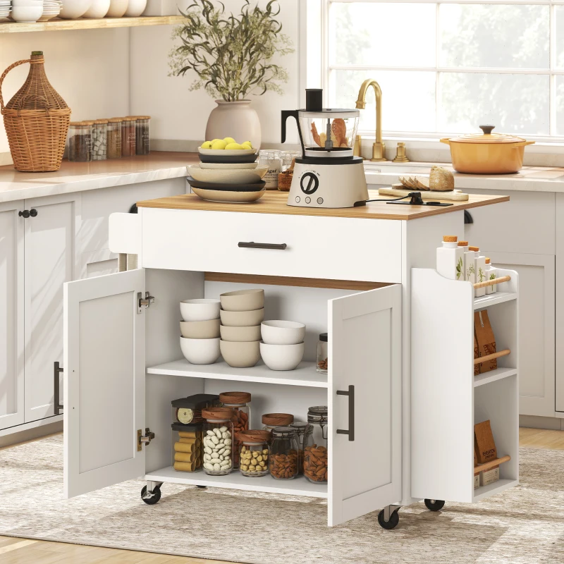 HOMCOM Isla de cocina, carrito de cocina con ruedas, con encimera abatible, cajón, repisa, 120 x 68 x 85 cm, Blanco