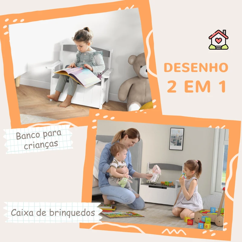 AIYAPLAY Baú de Brinquedos Infantil Banco de Armazenamento para Crianças com Encosto e Tampa Amortecida 68,5x34x58 cm Cinza e Branco