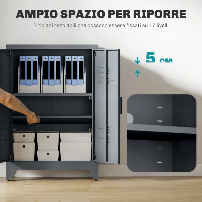 HOMCOM Mobiletto Multiuso 2 Ante Stile Industriale in Metallo per Casa e Garage, 75x33x110cm, Grigio