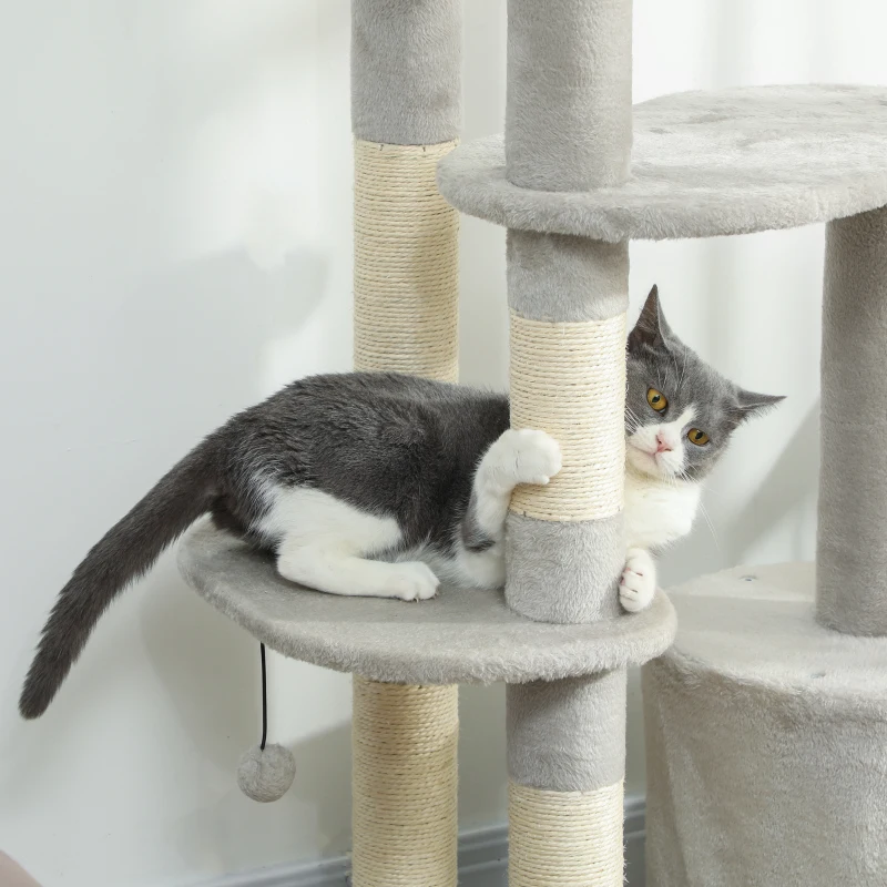 PawHut Arbre à chat 114 cm, tour avec cabane, poteaux en sisal, plateformes, multi-étages pour chats moyens jusqu'à 6 kg, Gris clair