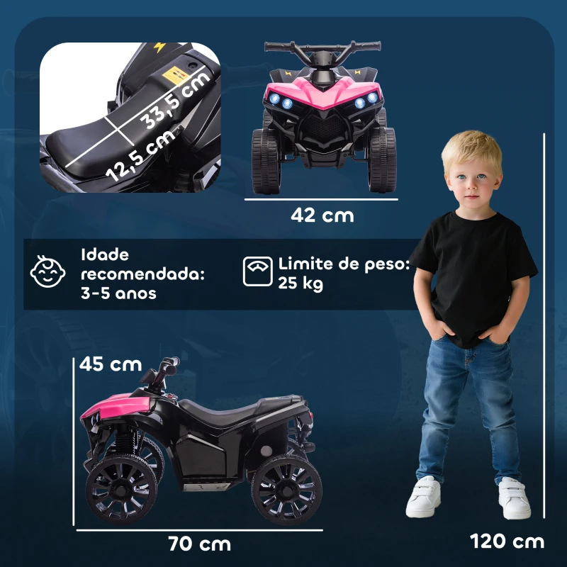 AIYAPLAY Quadriciclo Elétrico para Crianças 6 V Quadriciclo para Crianças com Velocidade até 3 km/h Faróis e Música 70x42x45 cm Rosa