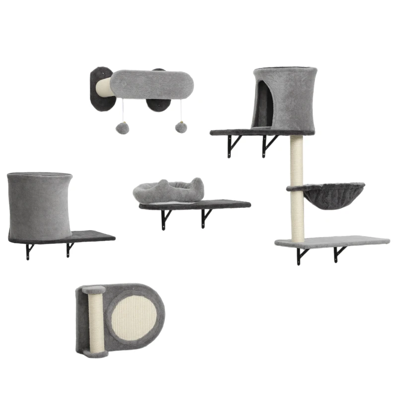 PawHut Mensole da parete per gatti, 5 pezzi, 2 nicchie, amaca e piattaforme tiragraffi in sisal, Grigio