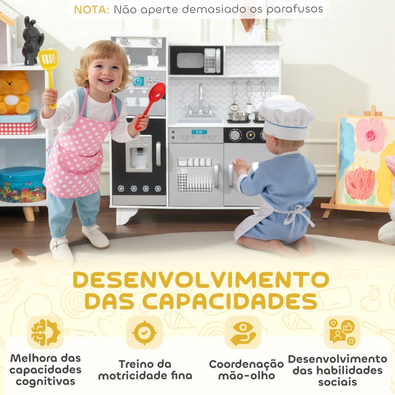 AIYAPLAY Cozinha de Madeira com Som Acessórios em Aço Inoxidável Micro-Ondas, Máquina de Gelo Cafeteira, Máquina de Lavar Loiça 79,5x24x83,8 cm Branco