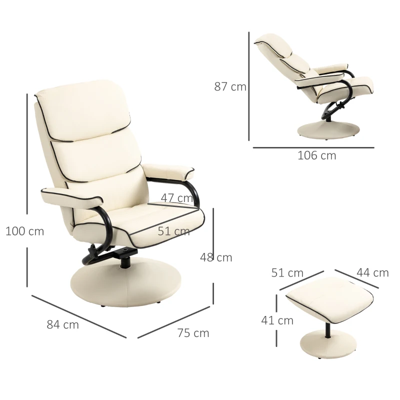 HOMCOM Sillón relax con puf, sillón TV con respaldo reclinable, giratorio 360° asiento acolchado y confortable, crema