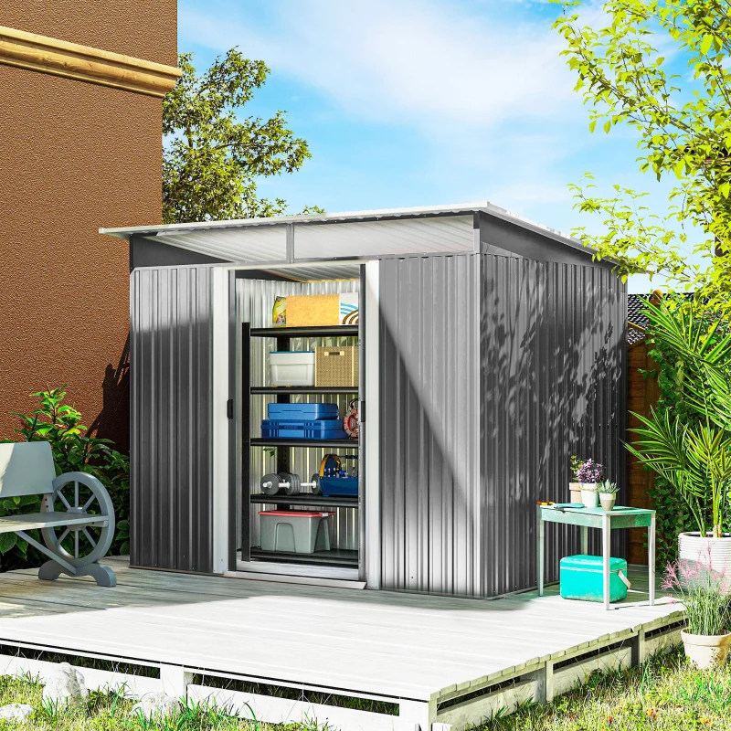 Outsunny Abrigo de Jardim 4,5 m² 260x194x200 cm Abrigo Exterior Metálico com 2 Portas Deslizantes para Armazenamento de Ferramentas Cinza