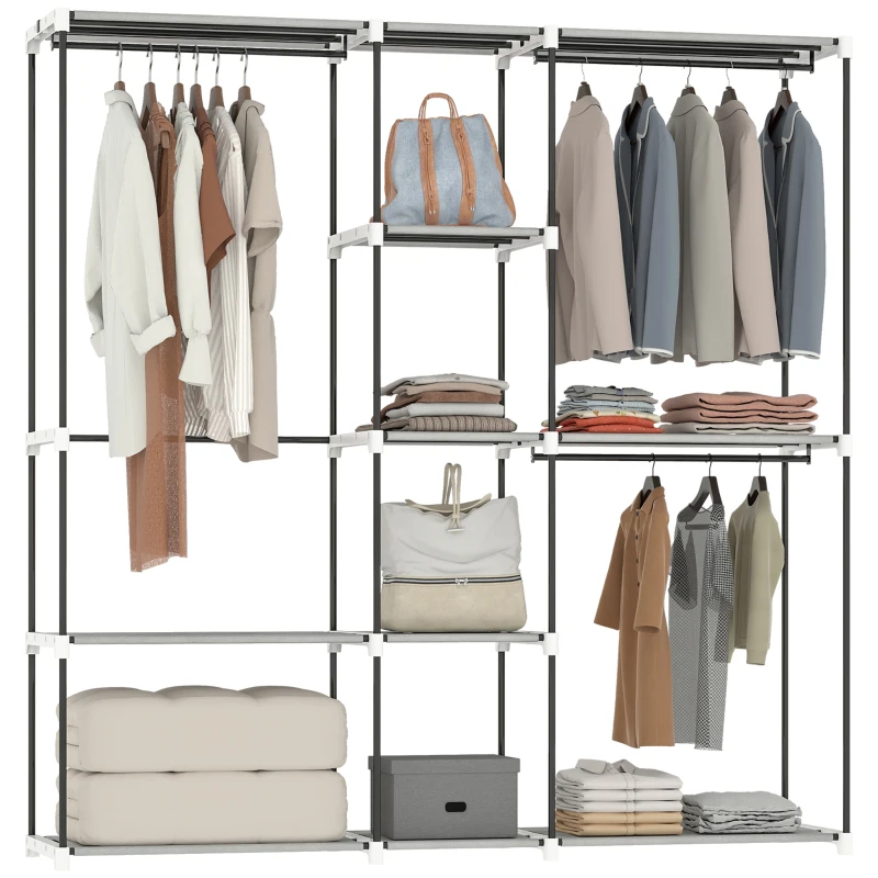 HOMCOM Clothing Wardrobe 182x43x185 cm Open Wardrobe with 8 Fabric Shelves Hanging Bars Metal Frame Light Gray