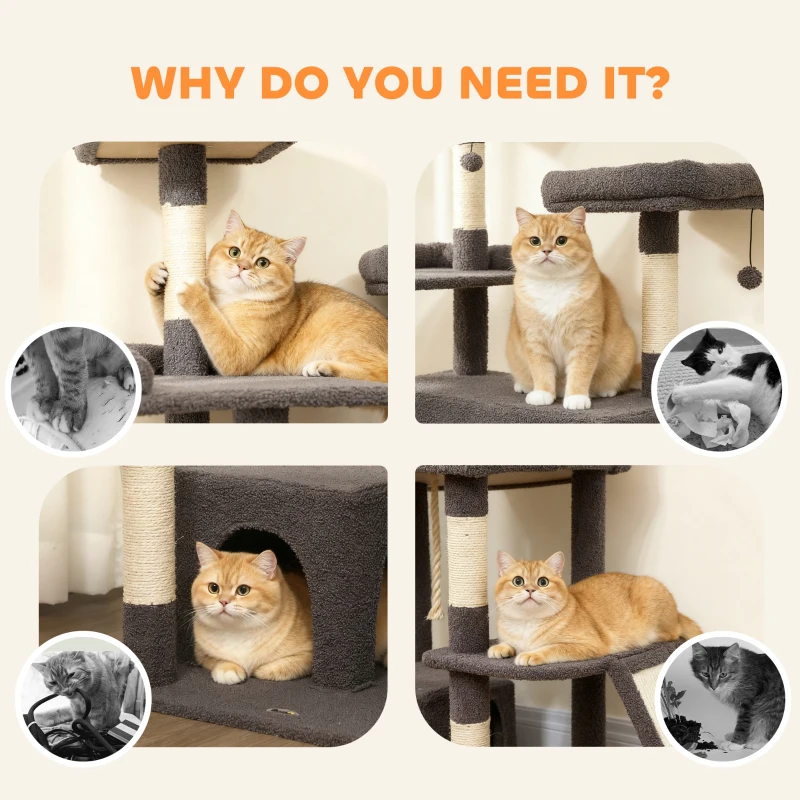 PawHut Kratzbaum Spielturm für Katzen mit Kratzsäule 3 Liegeplätze 2 Höhlen Plattformen und 3 hängende Spielzeuge Höhe 174 cm grau