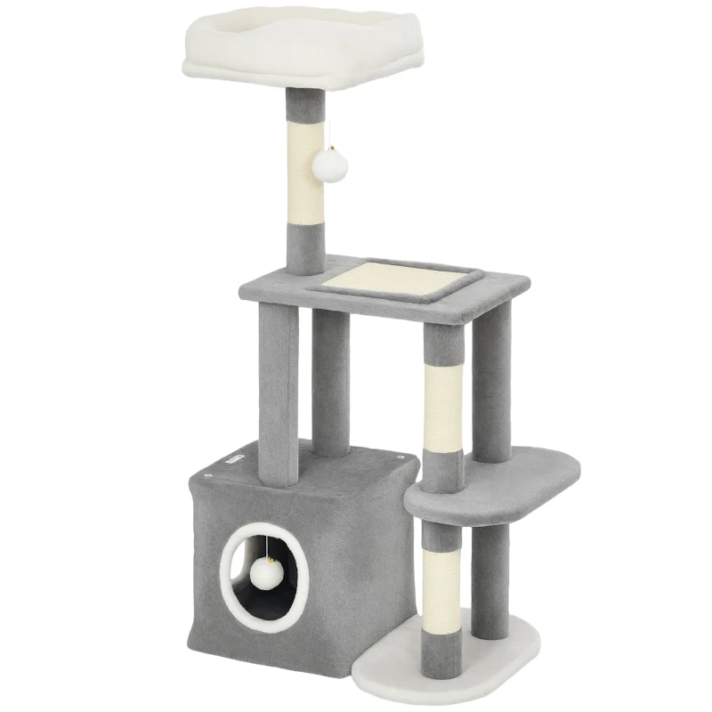 PawHut Arbre Griffoir pour Chats avec Maisonnette, Lit et 2 Balles, en Bois et Peluche, 55x40x107 cm, Gris et Blanc