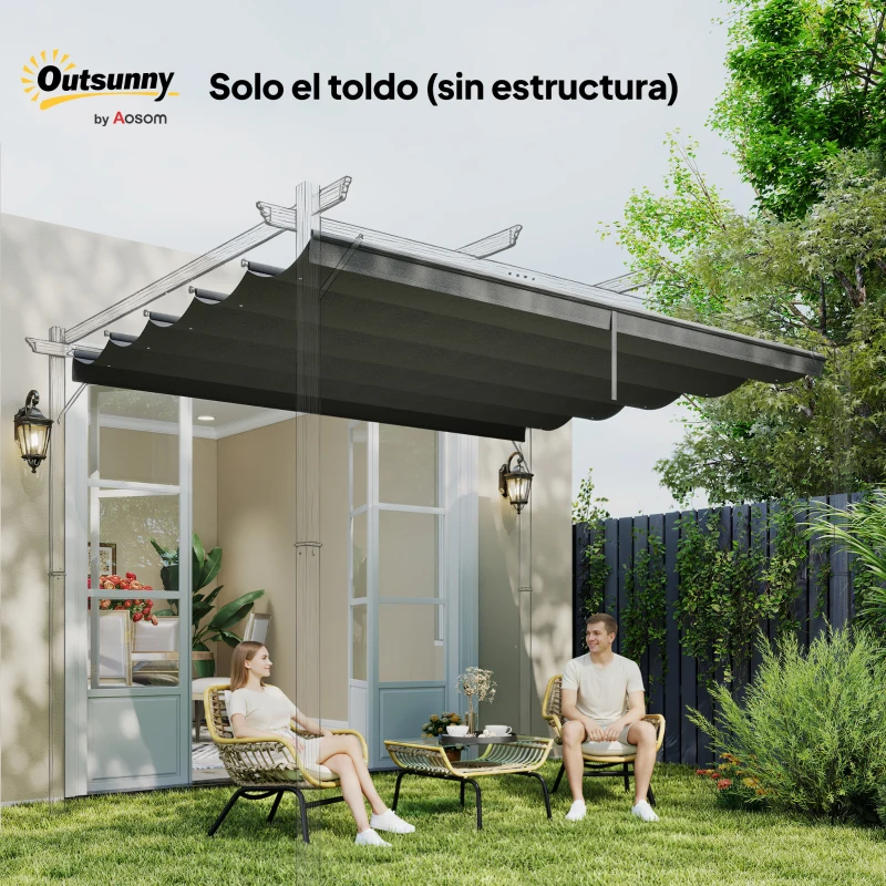 Outsunny Cubierta para Techo Retráctil de 3,5x2,6 m para Pérgola 4x3 Tela de Repuesto con 10 Orificios de Drenaje Gris Oscuro