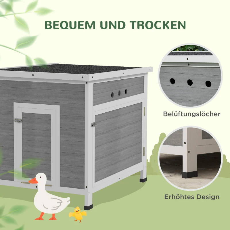 PawHut Eendenstal, eendenhuis met zijdeur, ventilatiegaten, kippenhok van vurenhout, ganzenstal, kippenhok met waterdicht asfaltdak, 63 x 82 x 76 cm, Lichtgrijs(m-5)