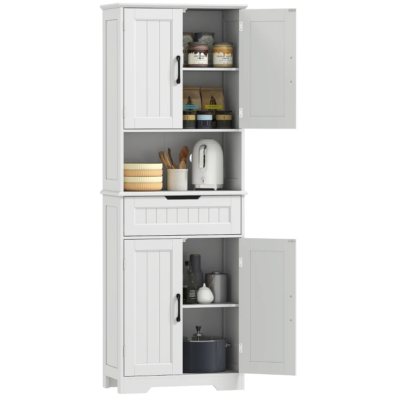 HOMCOM Credenza Cucina con 2 Armadietti e Cassetto, Piano Centrale Aperto e Ripiani Regolabili, Bianco