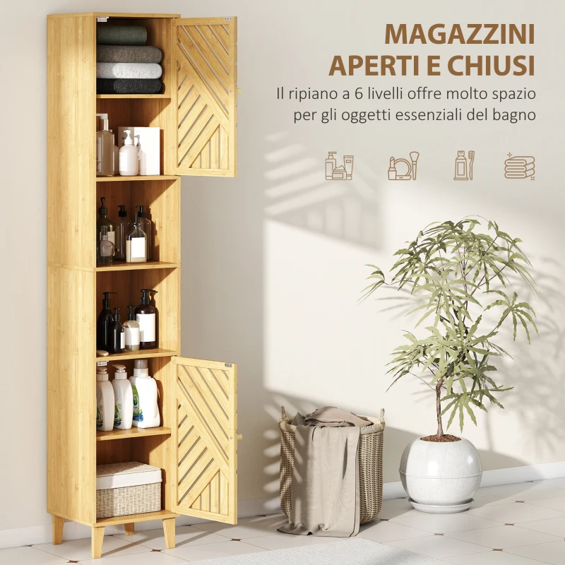 HOMCOM Mobile Colonna Bagno con 2 Armadietti e 2 Ripiani con Scaffale Regolabile, in Bambù e Truciolato, 32x30x170 cm