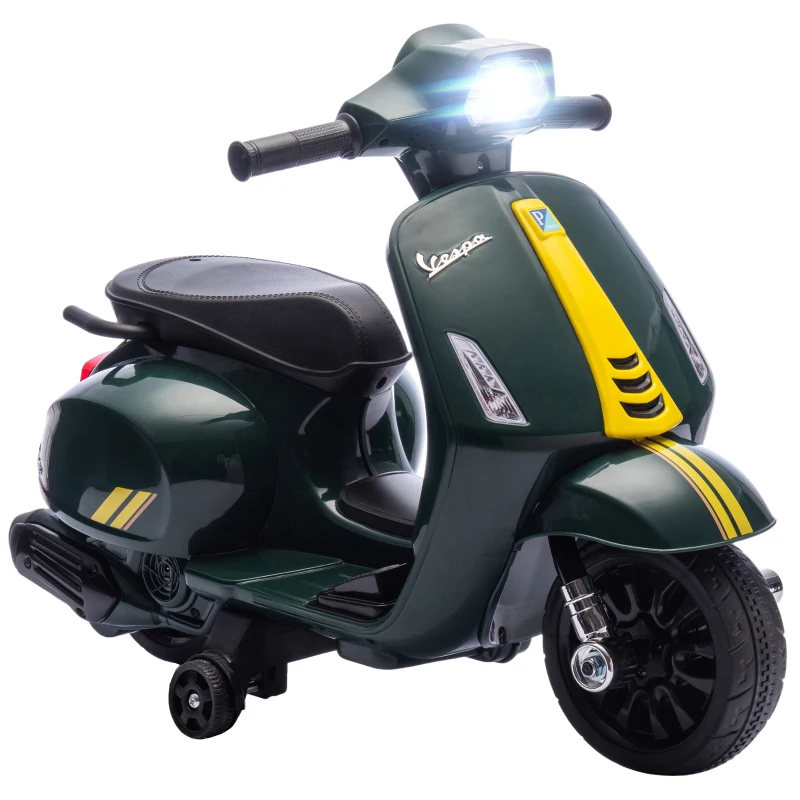AIYAPLAY Moto électrique pour enfants sous licence Vespa, batterie rechargeable 6V, roulettes et lumières, 2-6 ans, Vert foncé