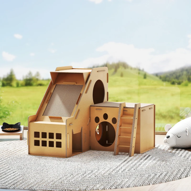 PawHut Griffoir en carton pour chats forme château 2 en 1 Griffoir pour chats avec 2 zones de grattage Herbe à chat 67x66x57 cm Marron