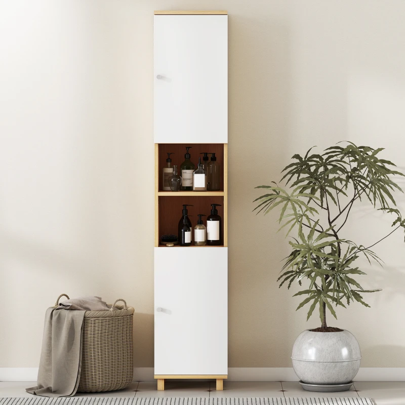HOMCOM Colonna Bagno con 2 Armadietti e Ripiani Aperti, Mensole Interne Regolabili, 30x30x166 cm, Bianco e Legno