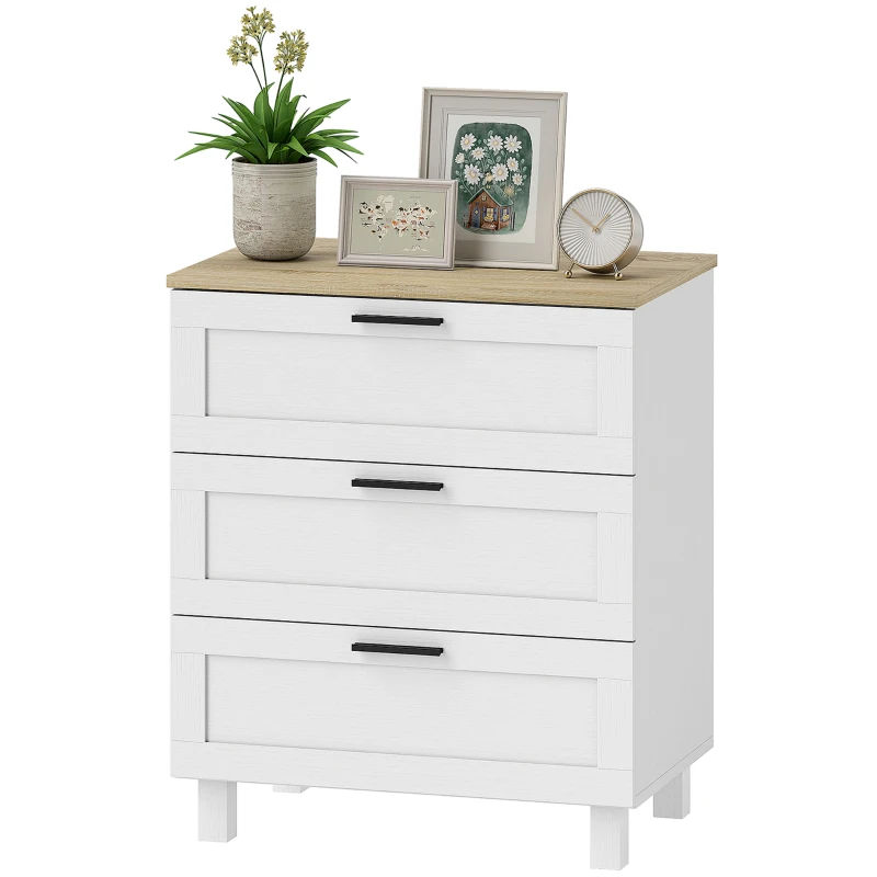 HOMCOM Commode 3 tiroirs meuble de rangement style moderne pieds en bois massif et plateau effet bois, 60 x 38 x 71 cm, blanc