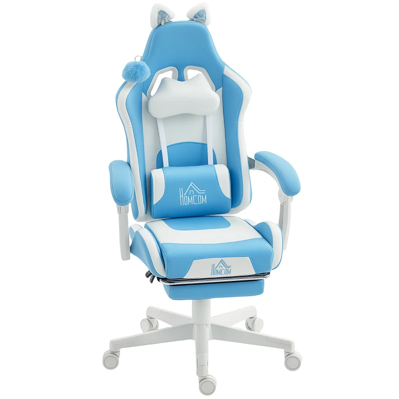 HOMCOM Verstellbarer Gaming-Stuhl mit Fußstütze und Kissen, aus Kunstleder und Schaumstoff, 65x62x116-124 cm, Weiß und Rosa