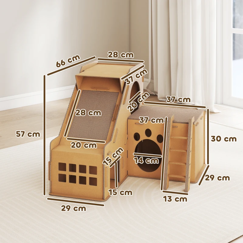 PawHut Griffoir en carton pour chats forme château 2 en 1 Griffoir pour chats avec 2 zones de grattage Herbe à chat 67x66x57 cm Marron