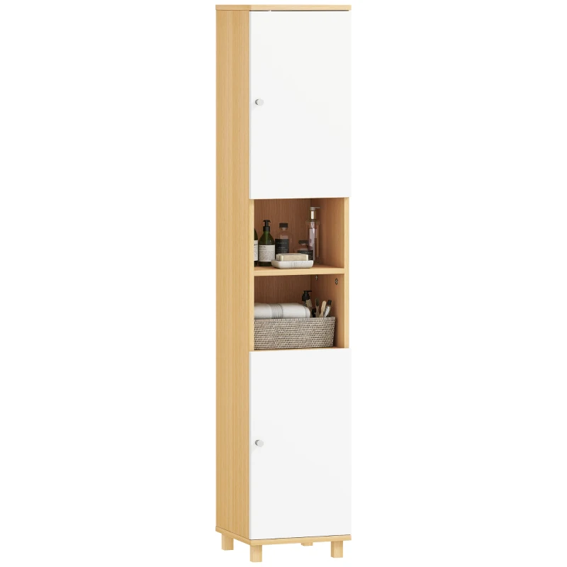 HOMCOM Colonna Bagno con 2 Armadietti e Ripiani Aperti, Mensole Interne Regolabili, 30x30x166 cm, Bianco e Legno