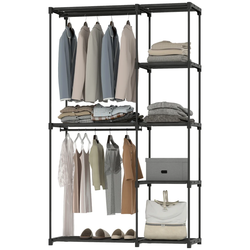 HOMCOM Armoire de rangement, penderie portable avec 2 barres de suspension et 6 étagères, 111 x 43 x 185 cm, noir