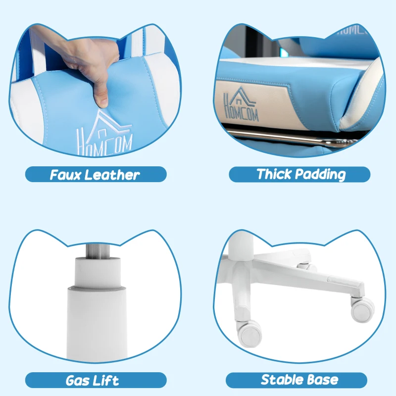 HOMCOM Verstellbarer Gaming-Stuhl mit Fußstütze und Kissen, aus Kunstleder und Schaumstoff, 65x62x116-124 cm, Weiß und Rosa