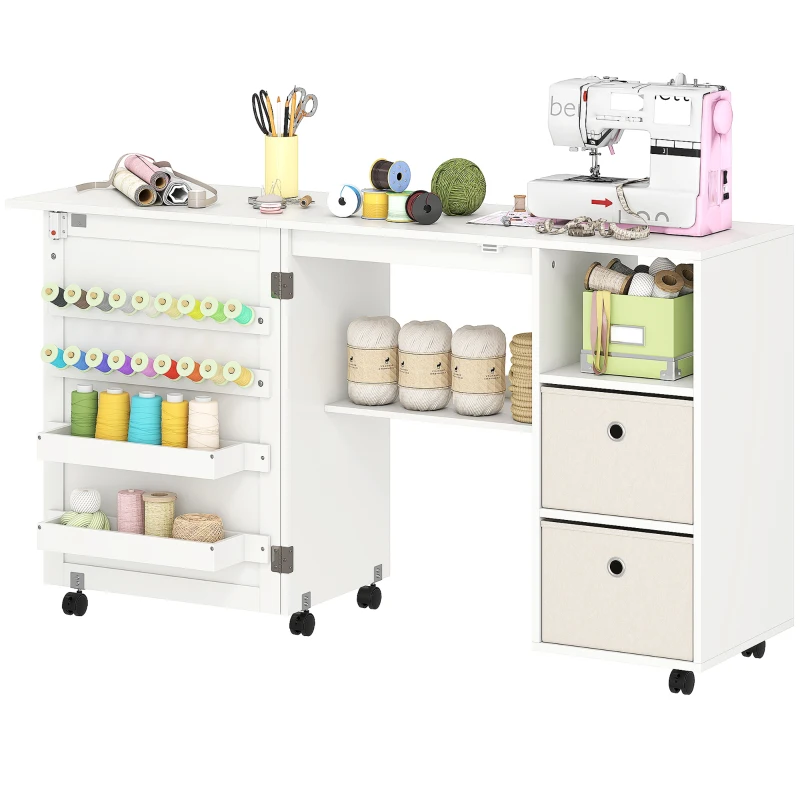 HOMCOM Table de couture pliante, meuble couture à roulettes avec porte magnétique, 2 bacs, 2 tiroirs, 146,4x40x77,5cm, blanc