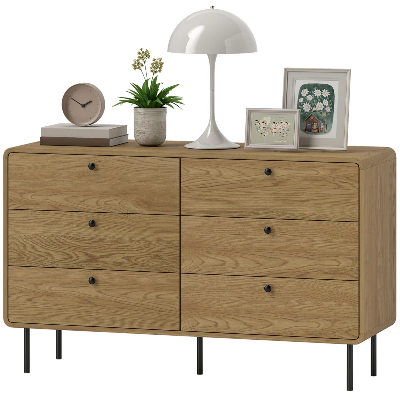 HOMCOM Commode 6 tiroirs meuble de rangement style moderne coins arrondis et pieds en acier 120 x 40 x 75cm effet bois de chêne