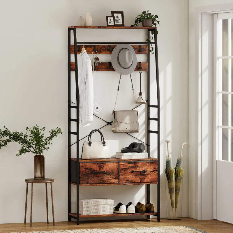 HOMCOM Garderobe met schoenenrek, kapstok met zitbank, 10 haken, 2 stoffen lades, kledingstang, spaanplaat, metaal, bruin