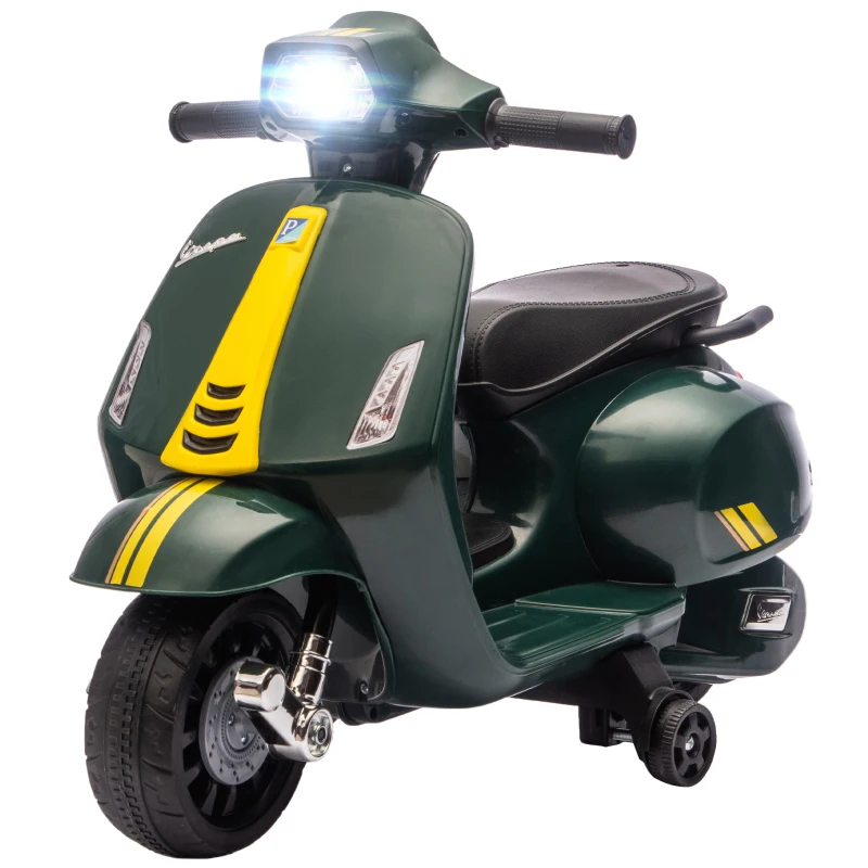 AIYAPLAY Moto électrique pour enfants sous licence Vespa, batterie rechargeable 6V, roulettes et lumières, 2-6 ans, Vert foncé