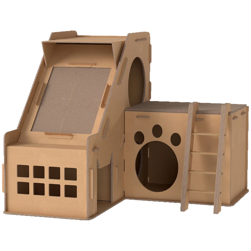 PawHut Rascador Cartón para Gatos Forma Castillo 2 en 1 Rascador para Gatos con 2 Zonas de Rascado Catnip 67x66x57 cm Marrón