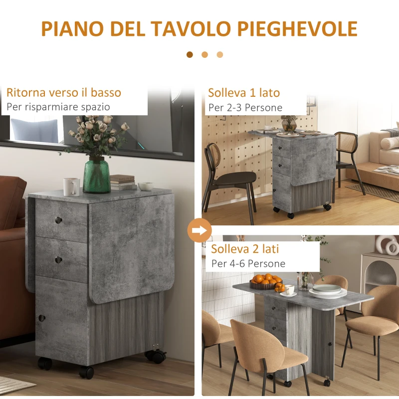 HOMCOM Tavolo Pieghevole con 2 Cassetti e Armadietto, 6 Rotelle e Freni, 120x60x76.5 cm, Grigio Legno e Roccia