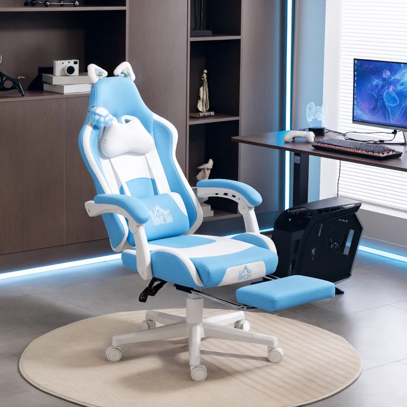 HOMCOM Silla Gaming Reclinable con Reposapiés y Cojines, en Polipiel y Espuma, 65x62x116-124 cm, Blanco y Rosa