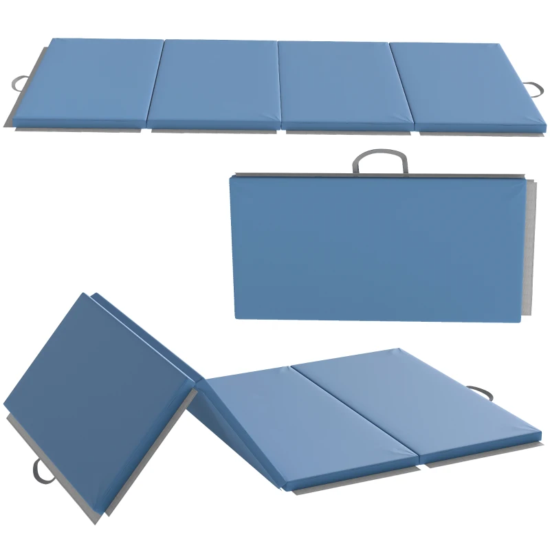 HOMCOM Tapis de gymnastique yoga pilates fitness pliable en 4 avec poignées revêtement synthétique 240 x 120 x 5 cm bleu clair
