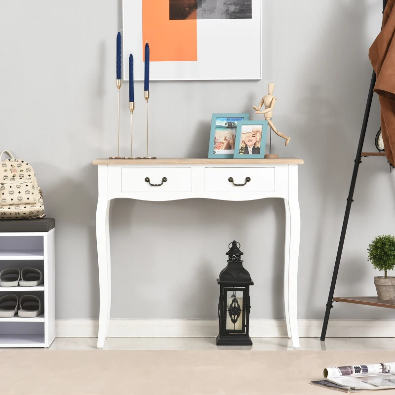 HOMCOM Table Console Table d'entrée Bout de Canapé Style Mexicain 2 tiroirs dim. 87L x 34l x 78H cm MDF Bois Massif pin Clair Blanc