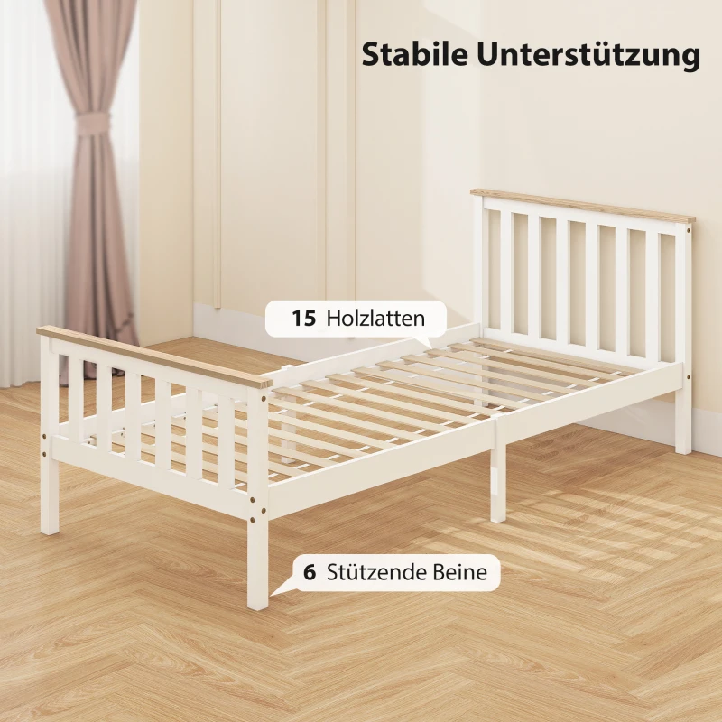 HOMCOM Eenpersoons-bedframe, houten bedframe, opbergruimte onder, natuurhout, wit