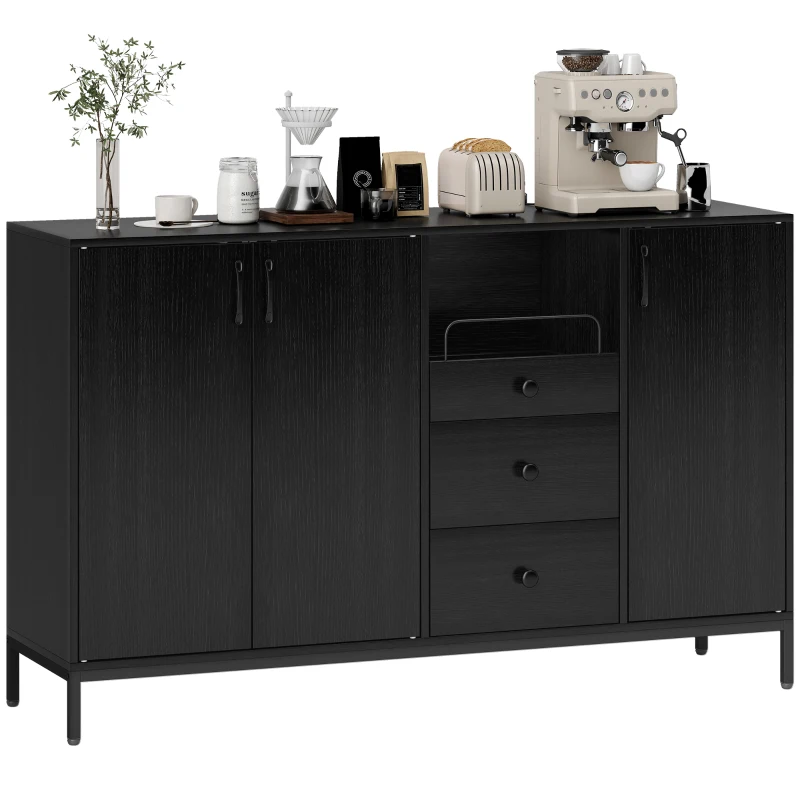 HOMCOM Sideboard mit 3 Türen Sideboard für Wohnzimmer mit 3 Schubladen Verstellbare Einlegeböden für Küche Flur Schwarz 143,5x40x90 cm